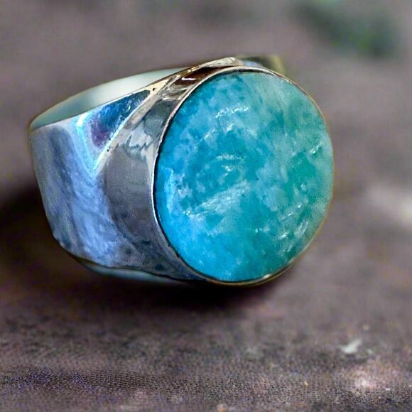 Custom made Carved Moon Face Amazonite .925 Ring 7.25 - Picture 3 of 7